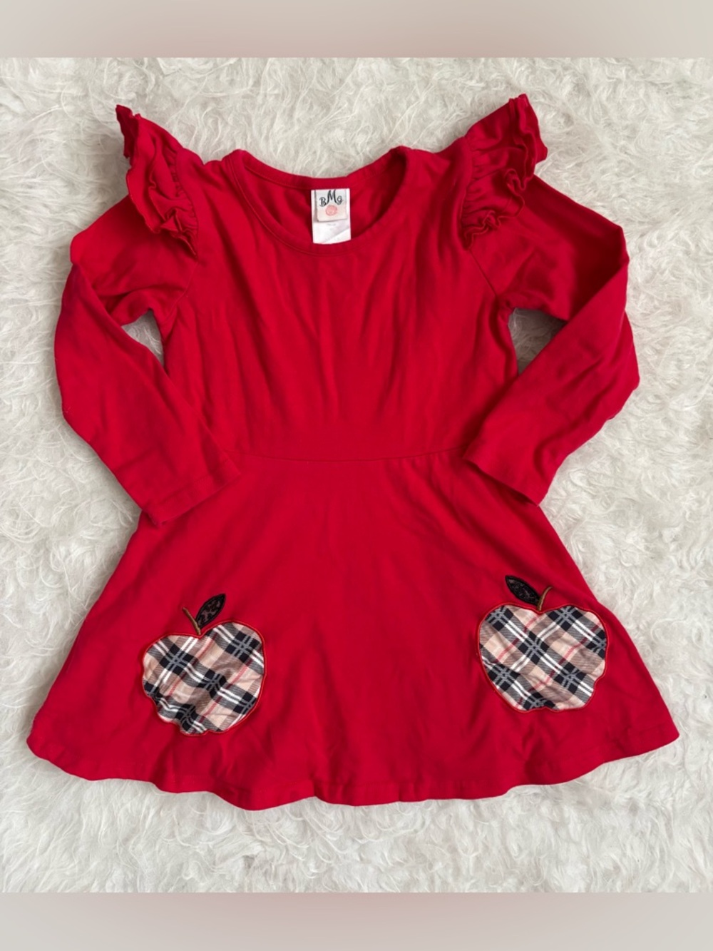 BMG Girls' Classic Back to School Red Long Sleeve Dress with Apple Patches